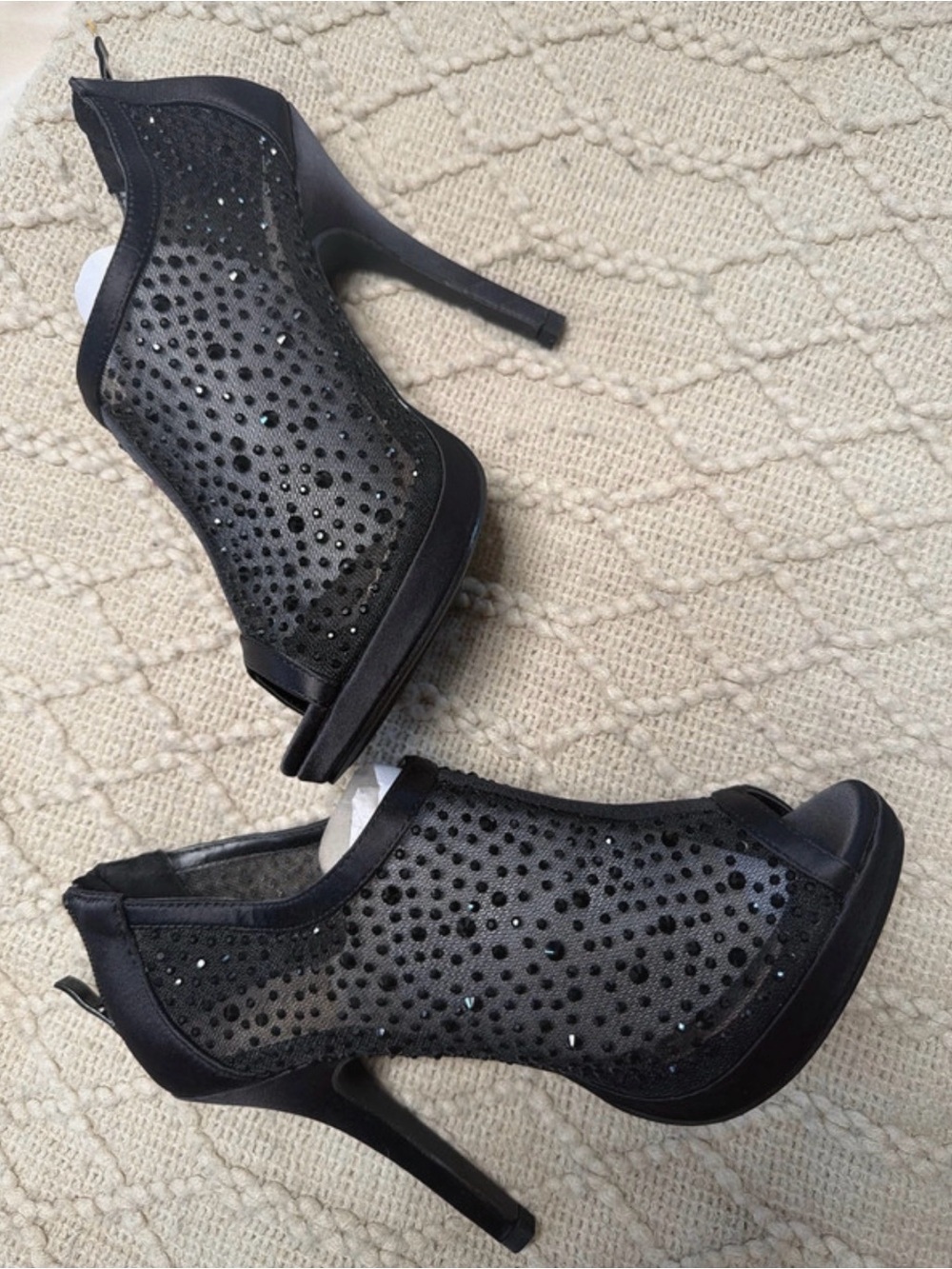 De Blossom Collection Black Rhinestone Peep-Toe Stiletto Booties